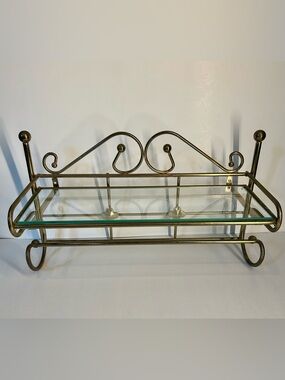 Vintage Brass Colored Glass Display Shelf  With Towel Holder